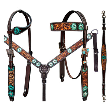 Bar H Equine Genuine Western American Leather Horse Premium Headstall & Breast Collar Set